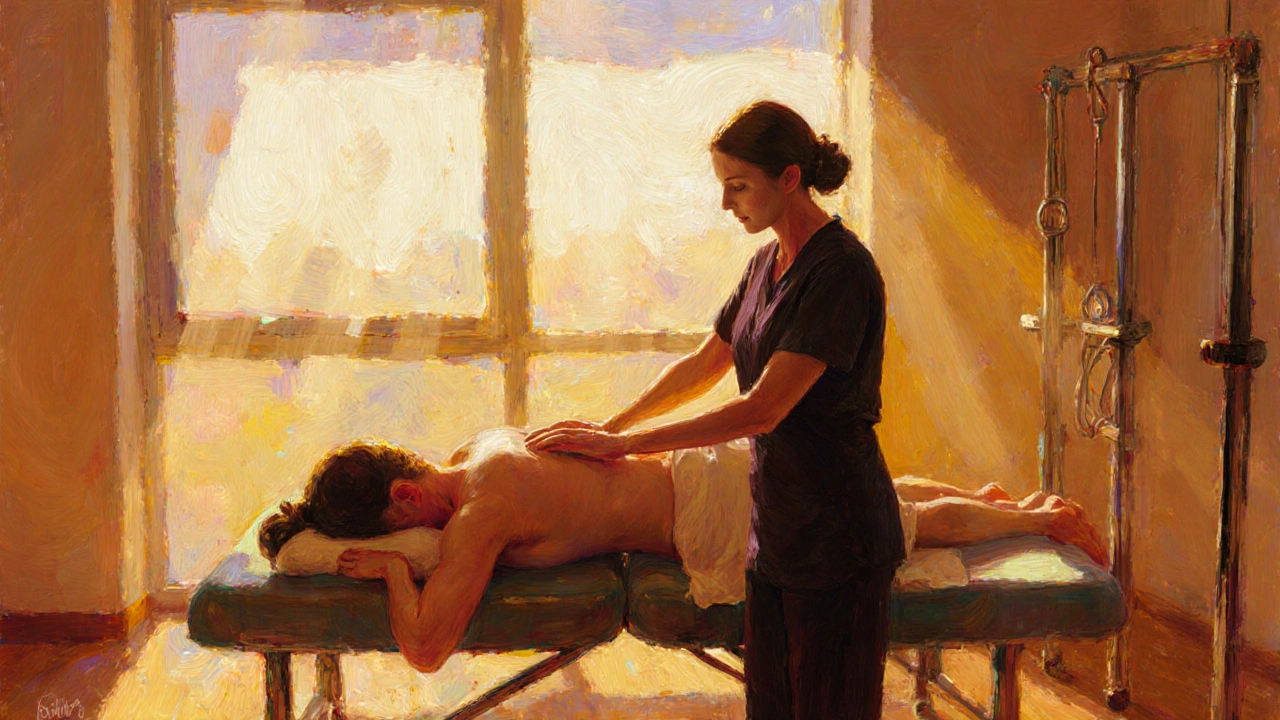 Impressionist scene of a patient receiving a gentle tantric massage alongside a physiotherapist in a bright clinic.