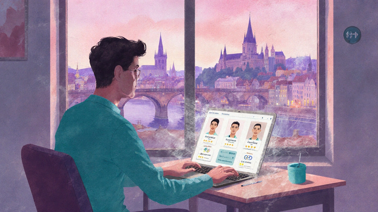 Muž sedí před laptopem, prohlíží profily certifikovaných masérů s panoramatem Prahy v pozadí.