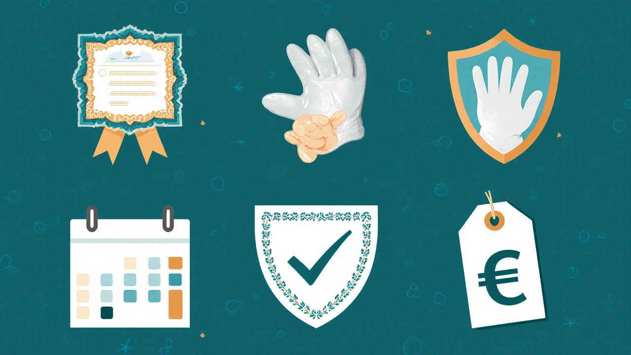 Sada ikon představujících certifikaci, hygienu, rezervaci a cenu, stylizovaná českými motivy.