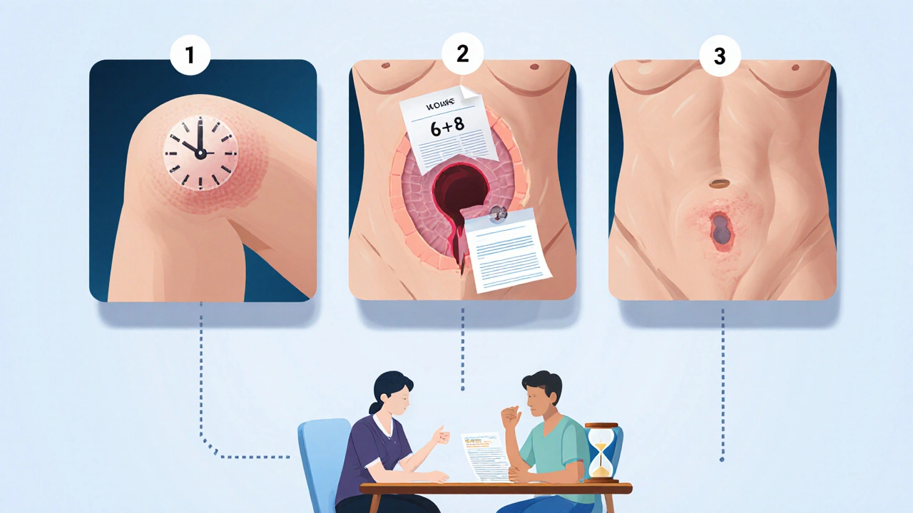 Three vignettes showing small, medium, and large surgical scars with clocks indicating healing timelines, plus a therapist‑patient consultation.