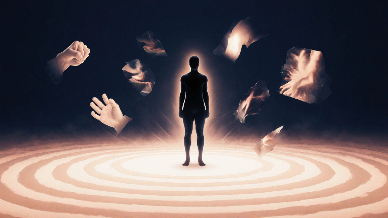 Abstraktní reprezentace vnitřní transformace: světlo vycházející z lidské siluety, symbolizující uvolnění a přítomnost.