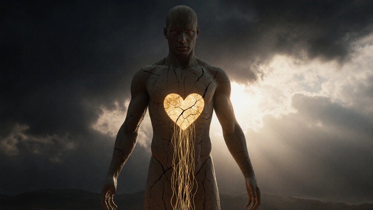 Abstraktní silueta člověka z rozbité hlíny, kterou opravují zlaté světelné nitě, symbolizující uzdravení traumatu.