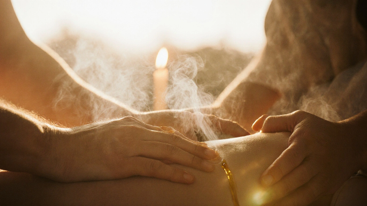 Dvě ruce se dotýkají těla olejem, symbolizujíce bezpečí a přítomnost v klidném prostředí.