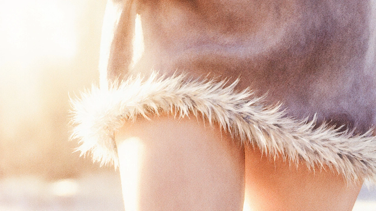 Jemná kožešinka se pomalu pohybuje po vnitřní straně stehen, osvětlená teplým světlem.