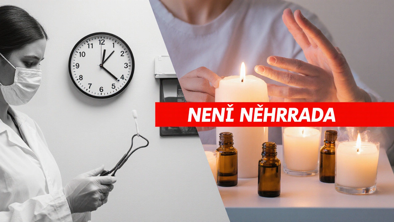 Konceptuální obrázek s porovnáním gynekologické prohlídky a yoni masáže.