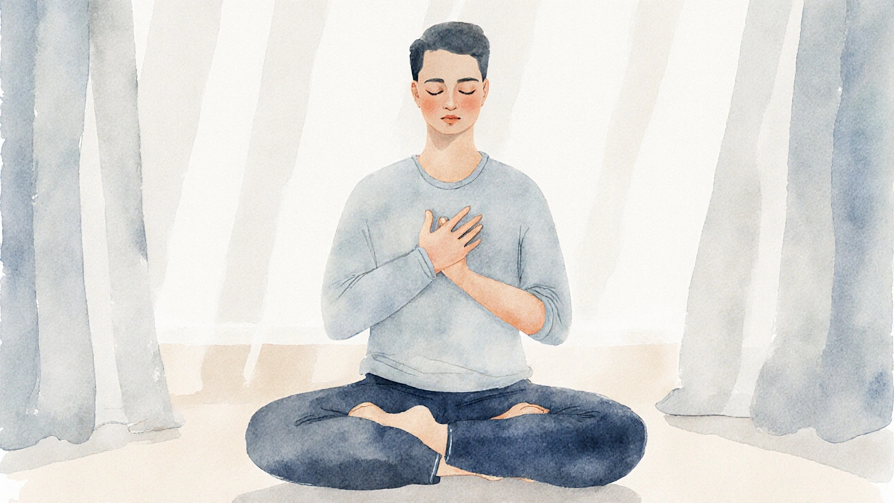 Osoba medituje s rukama na srdci a břiše, klidně a přijímající své tělo v mírném světle.