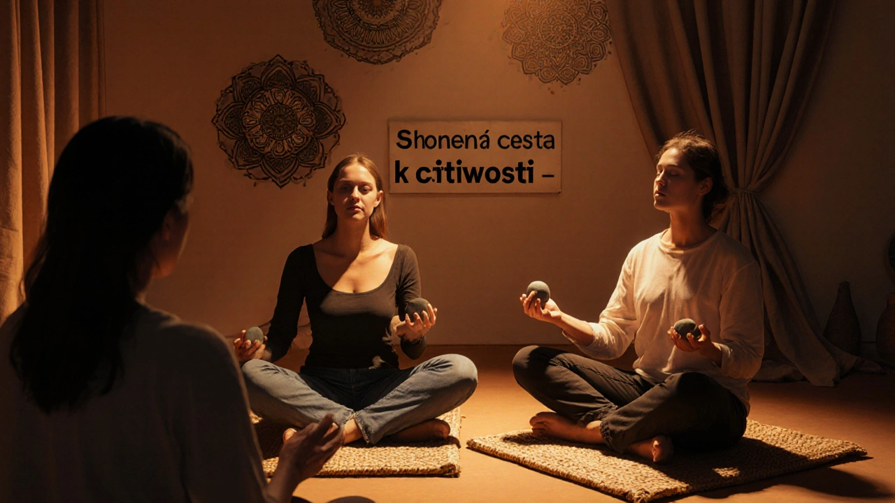 Pár společně dělá dýchací cvičení s terapeutkou v tantrickém workshopu.