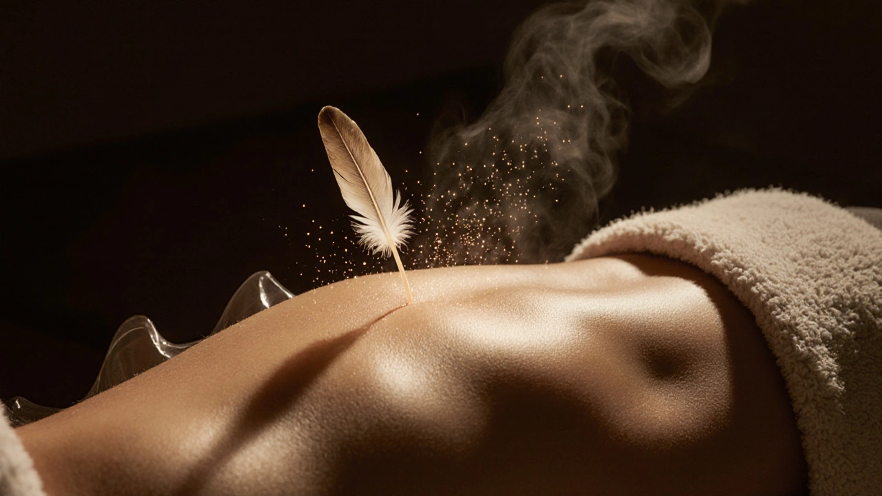 Peříčko visí ve vzduchu nad zády, symbolizující zvýšenou citlivost kůže a uvolnění.