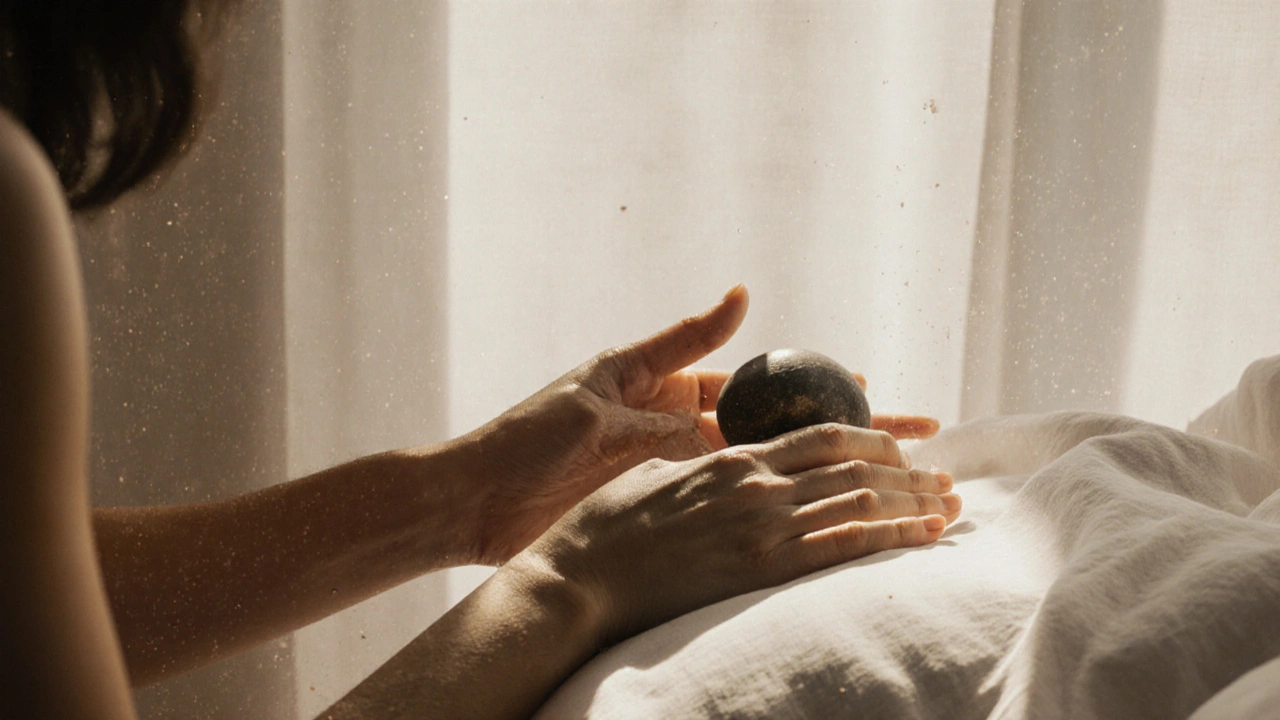 Ruce přes lehký plátnový prostěradlo dotýkají se břicha — jemný, bezpečný a respektující pohyb.
