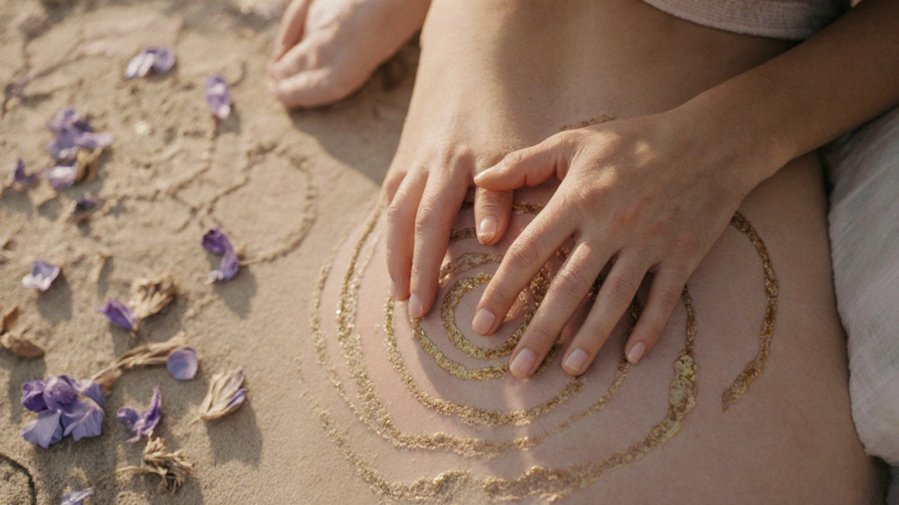 Ruka ženy jemně hladí její vlastní břicho, olej leskne kůži, kolem květiny a mandaly, symbolizující sebepoznání.