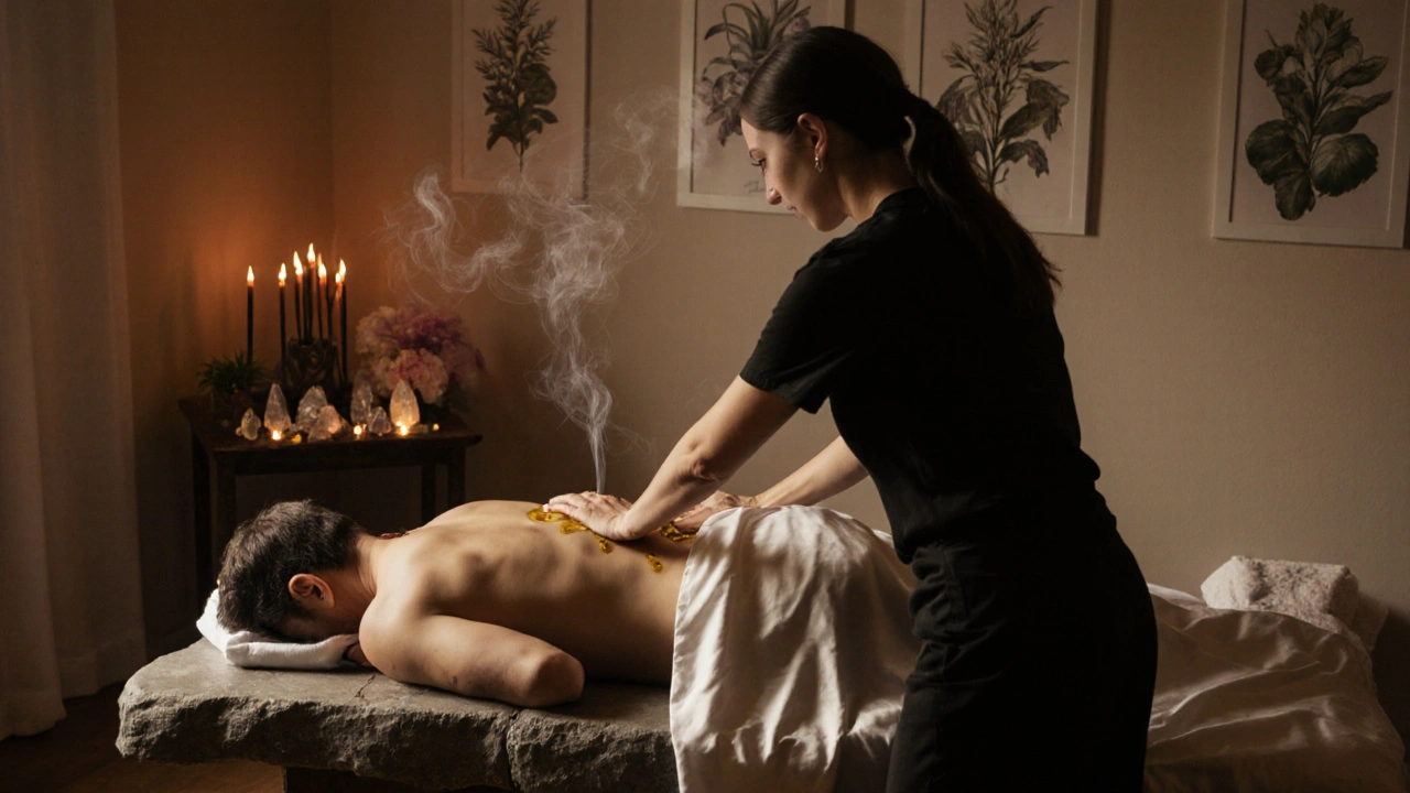 Terapeut aplikuje teplý olej na záda klienta v luxusním tantrickém salonu s přírodními prvky a jemným osvětlením.