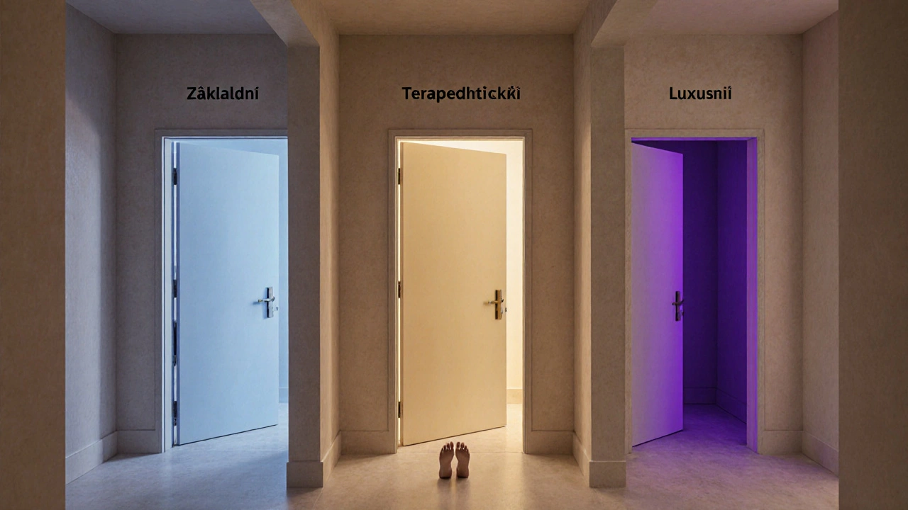 Tři dveře v úzkém chodbě symbolizují různé tantrické balíčky s různým osvětlením.