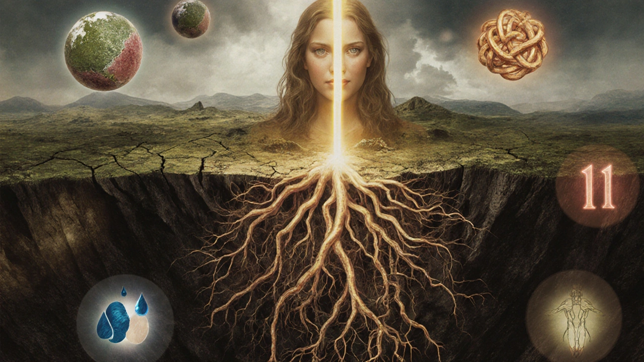 Vnitřní anatomie jako krajina s jizvami, uzly a září světla, symbolizující léčbu a obnovu.