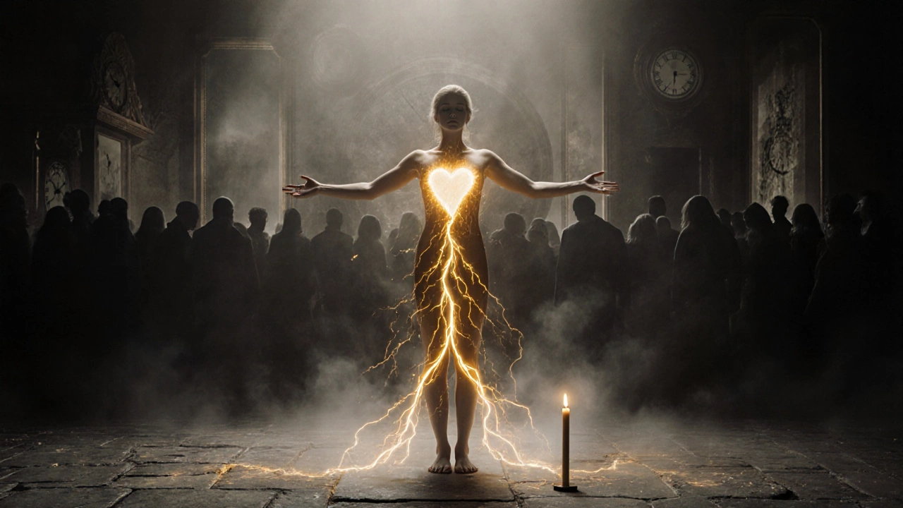 Žena stojí s otevřenými rukama, z jejího těla proudí zlatá energie, za ní se rozplynou očekávání společnosti.