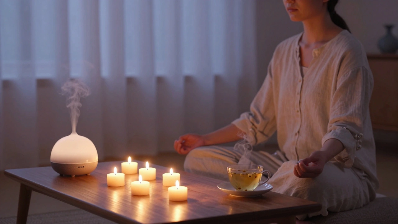 Klidný pokoj s svíčkami a difuzorem vůní, osoba medituje v mírném osvětlení.
