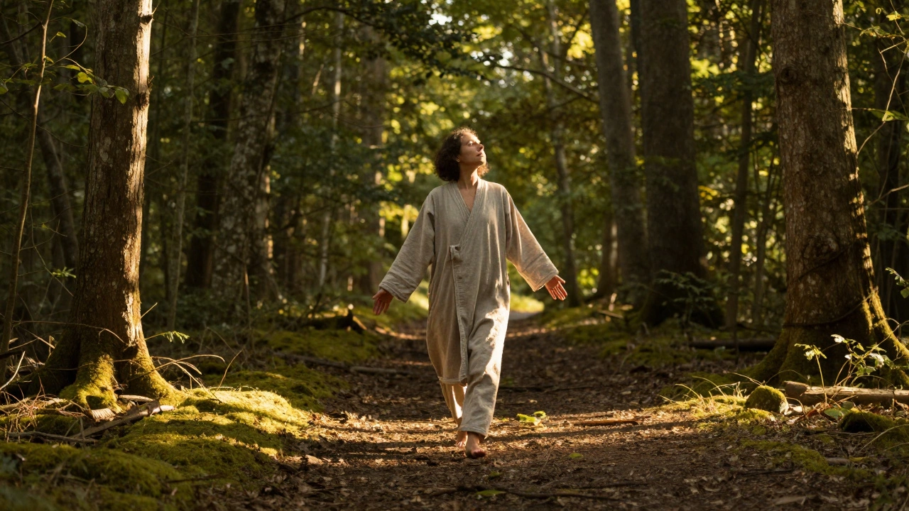 Osoba chodí bosá po lesní cestě v záři západu, cítí přírodu a klid.