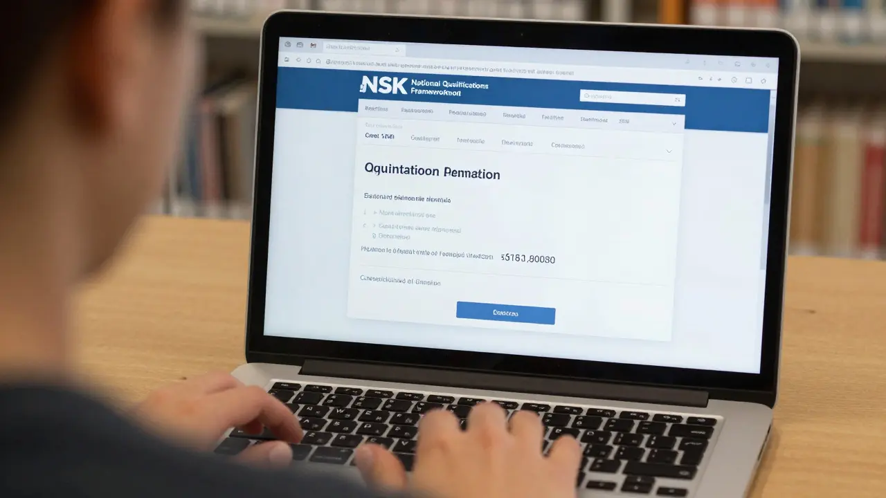 Osoba ověřuje certifikaci maséře na webové stránce Národní soustavy kvalifikací ve veřejné knihovně.