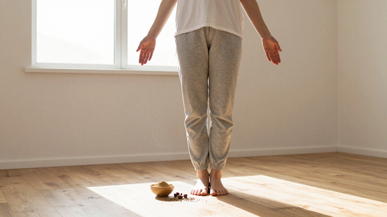 Osoba stojí bosá na dřevěném podlaze, cítí spojení se zemí, sluneční světlo osvětluje její postavu.