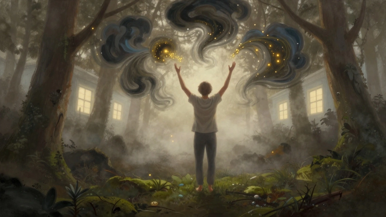 Postava uvolňuje stres v přírodě, kolem ní se rozptylují symboly sníženého kortizolu a imunity.