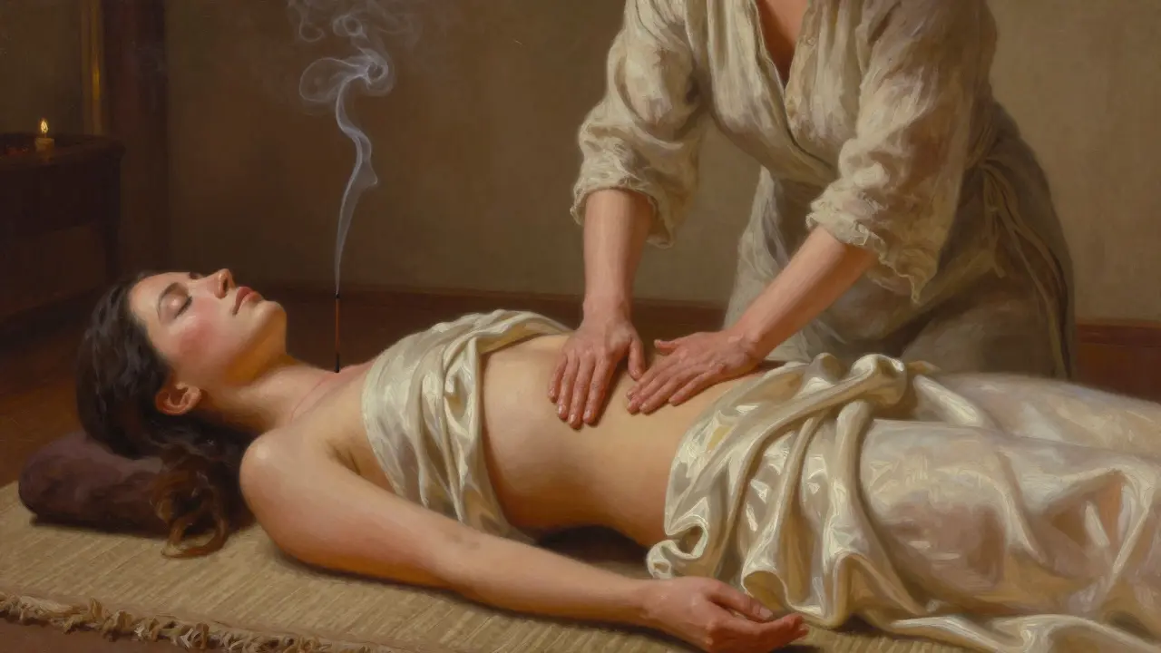 Tantrická masérka jemně masíruje břicho ženy v tichém, teplém prostředí s plameny svíček a kouřem kadidla.