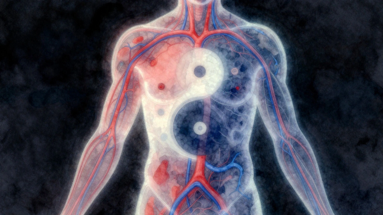 Translukentní ilustrace těla s zvýšeným krevním oběhem a lymfatickým prouděním.