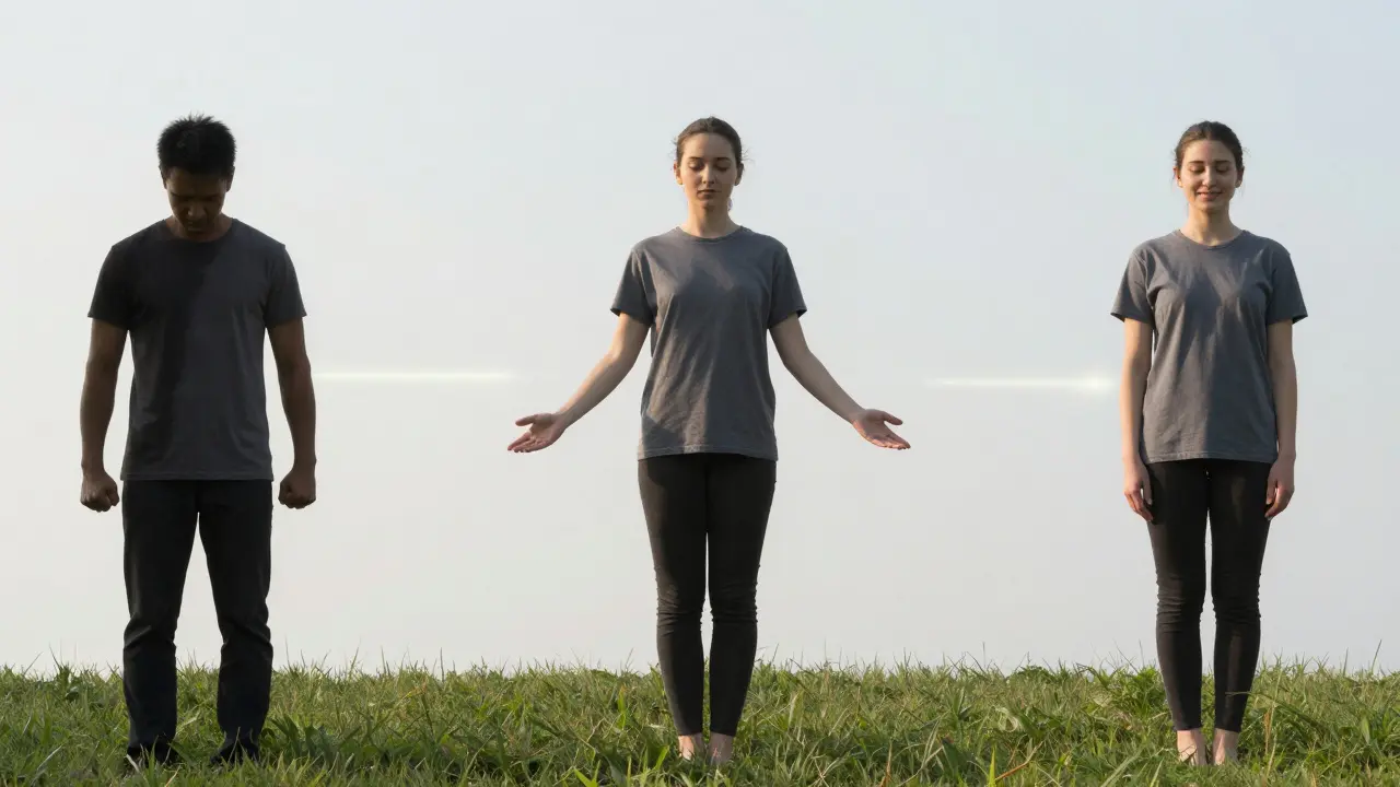 Vizualizace transformace těla od napětí k klidu: napjatá postava, klidná postava a osoba, která znovu cítí své tělo.