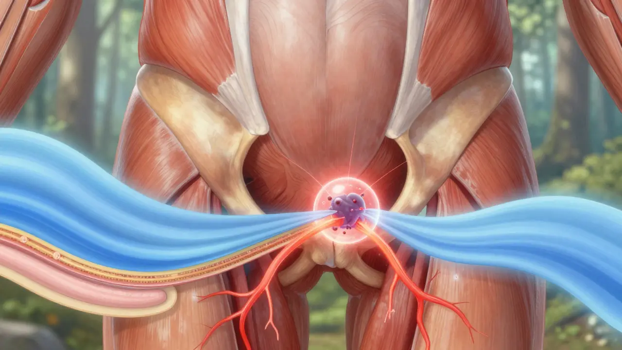 Vnitřní pohled na svaly s blokovaným nervovým signálem a klidnou vlnou tepla.