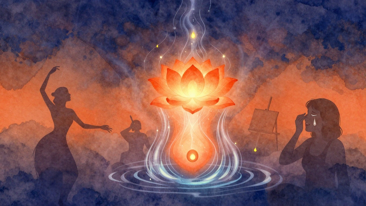 Zářící oranžová lotosová květina v oblasti pánve, obklopená vodními vlnami energie a symboly kreativity.
