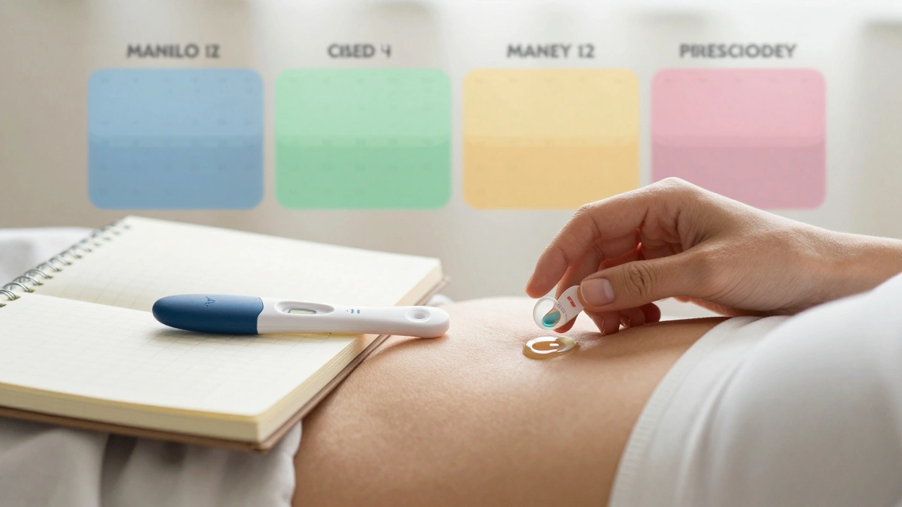 Žena pozoruje cervikální hlen v přirozeném světle, vedle ní ovulační test a deník, symbolizující vědomé sledování cyklu.