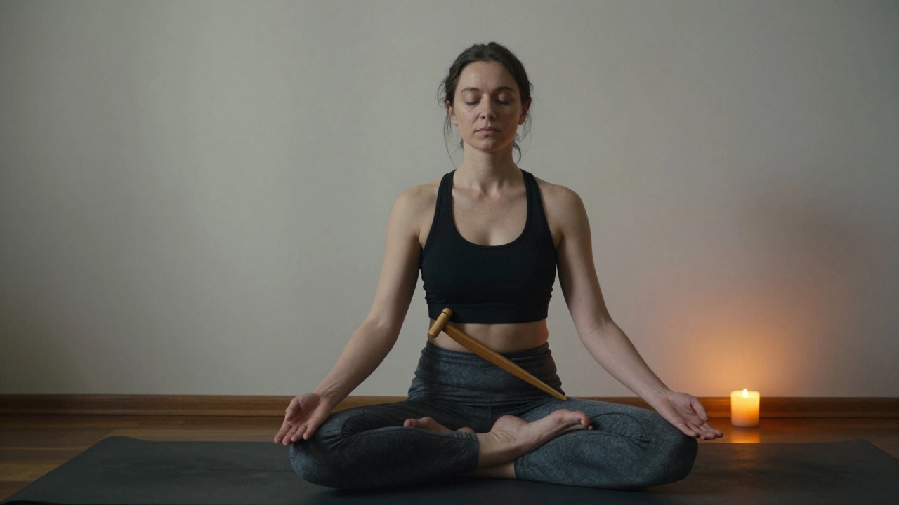 Žena sedí v jógové póze, drží kovovou ladičku na kyčli, u ní svíčka a klidné osvětlení.