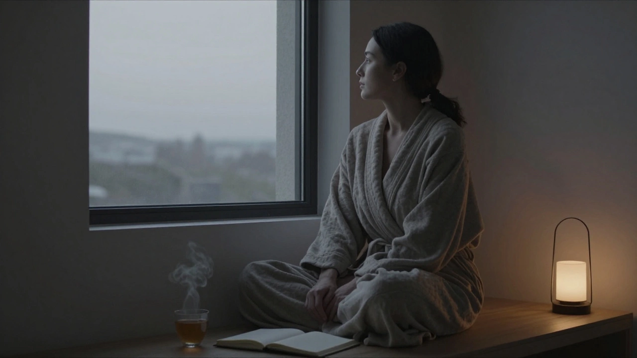 Žena sedí v klidu po masáži, pohled zaměřený ven, ticho a přítomnost.