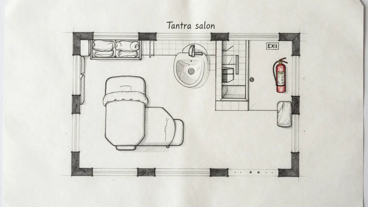 Hand-drawn floor plan of a tantra salon showing massage table, bathroom, storage, exit, and fire safety equipment.