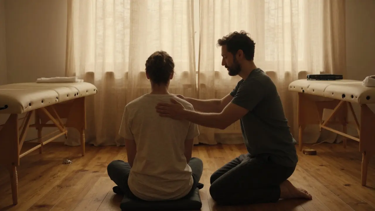 Instruktorka upravuje dotek studenta během prezenčního cvičení tantrické masáže v klidném prostředí.