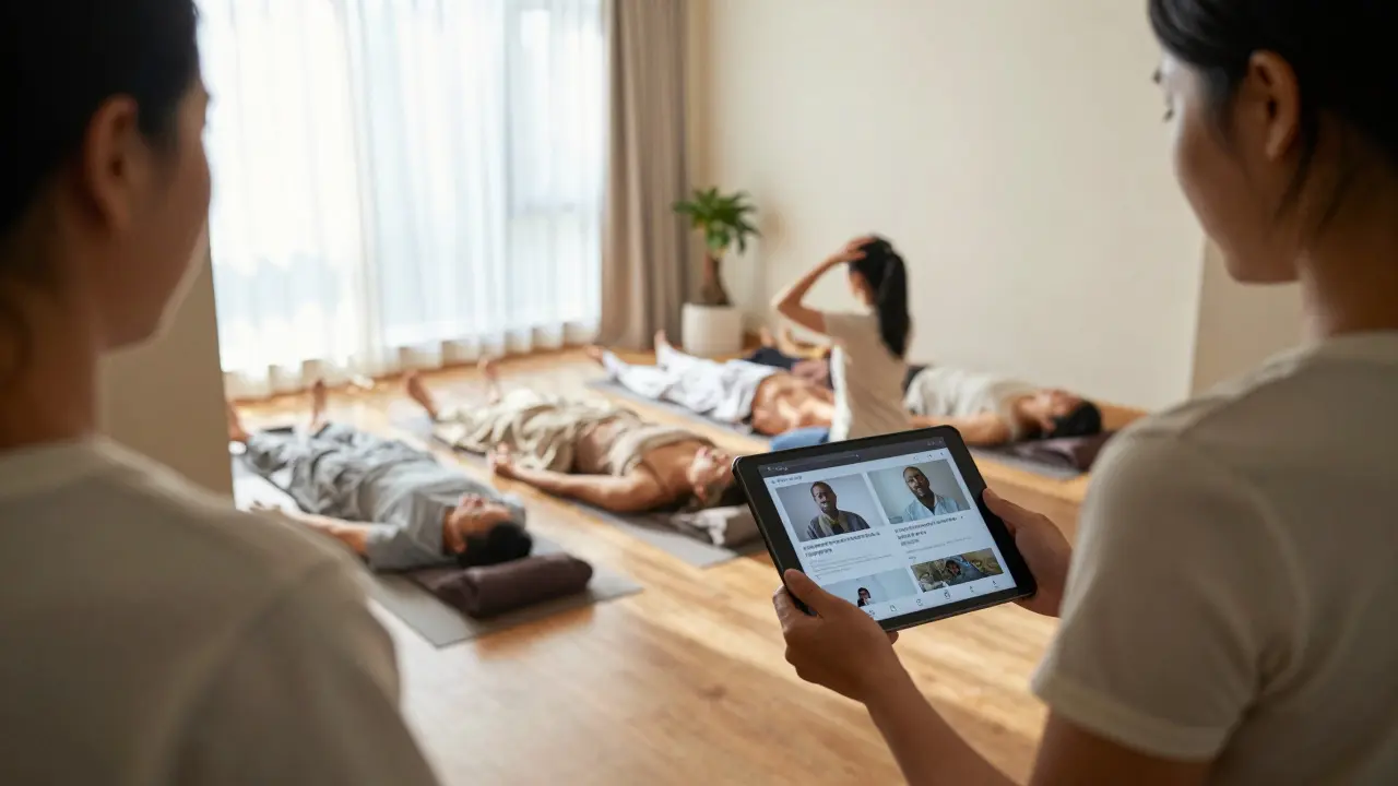 Lidé se připravují na praktické cvičení tantrické masáže, když se spojuje online teorie s fyzickou přítomností.