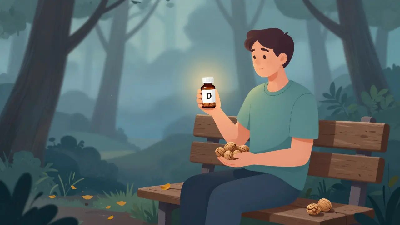 Muž sedí v lese na lavičce a drží doplněk vitamínu D a vlašské ořechy při rozednění.
