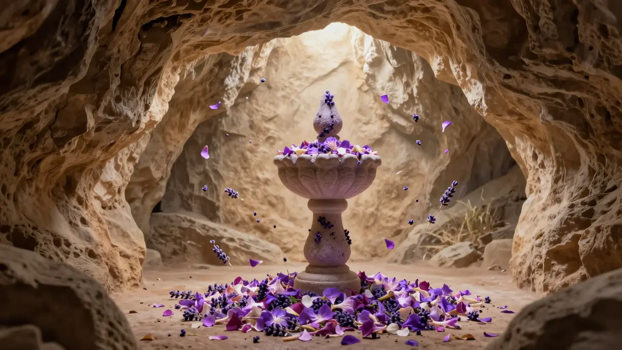 Posvátná jeskyně z teplého kamene s květy a jemným světlem, symbolizující yoni jako místo útěchy.