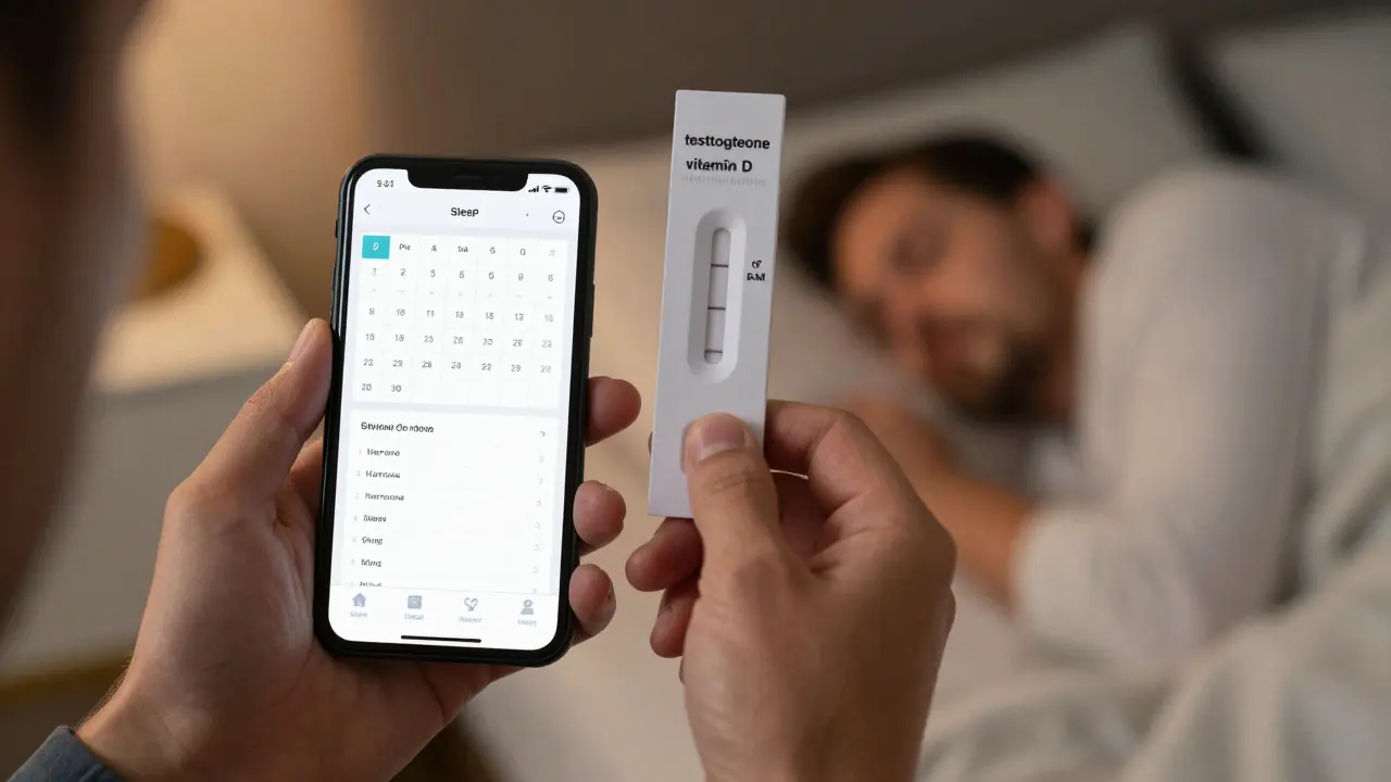 Ruka drží lékařský výsledek testu vedle kalendáře se spánkem a tréninkovým plánem.