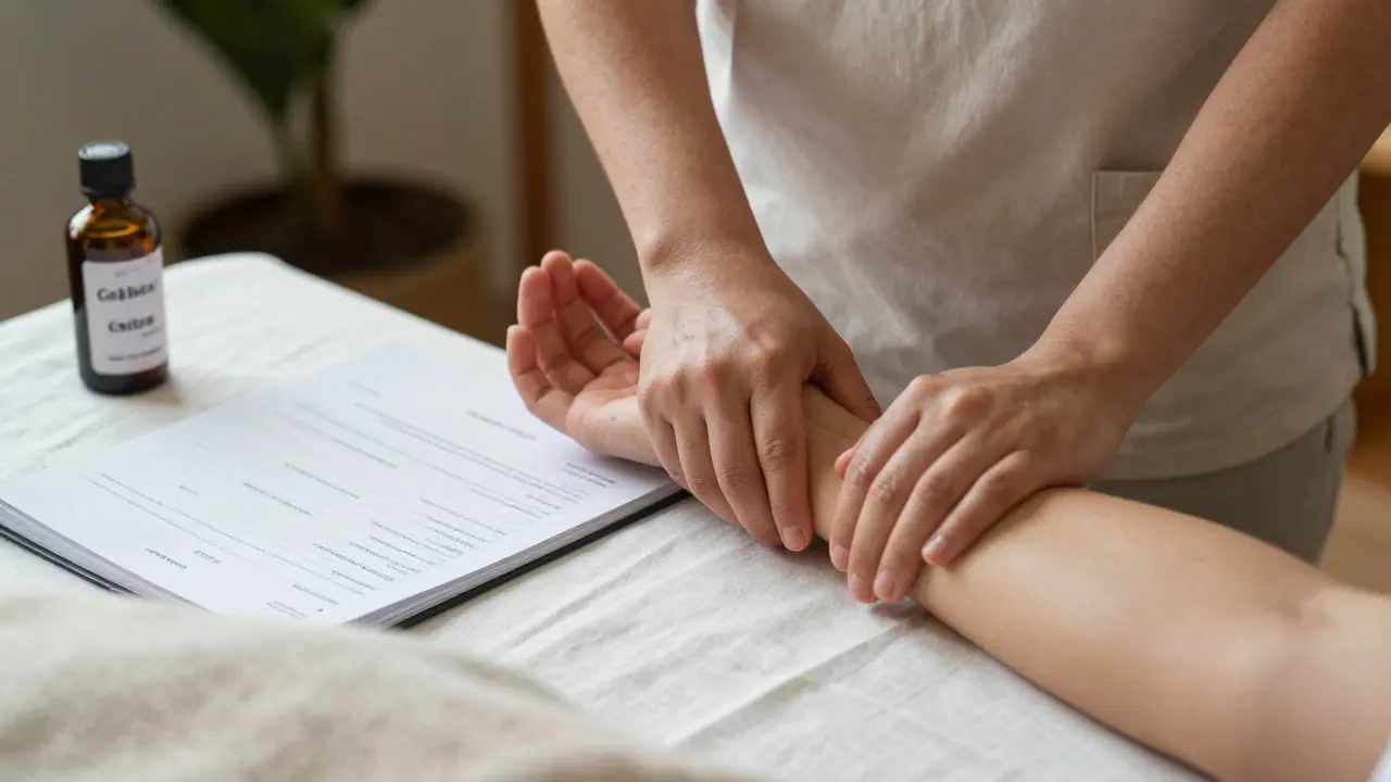 Therapist's hands gently massaging client's arm with linen drape, consent form and certified oil on table.
