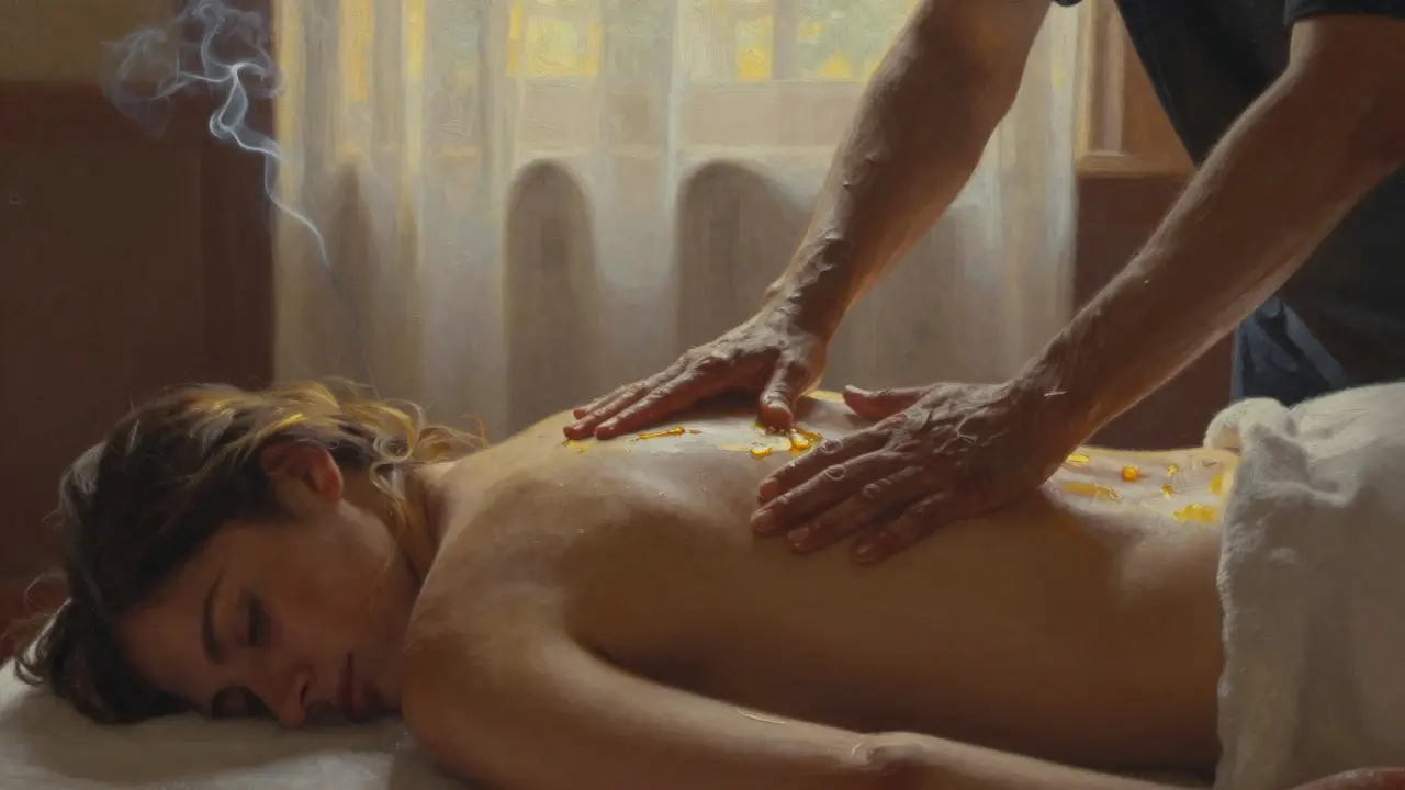 Jeden partner jemně masíruje záda druhého teplým olejem při měkkém světle svíček.