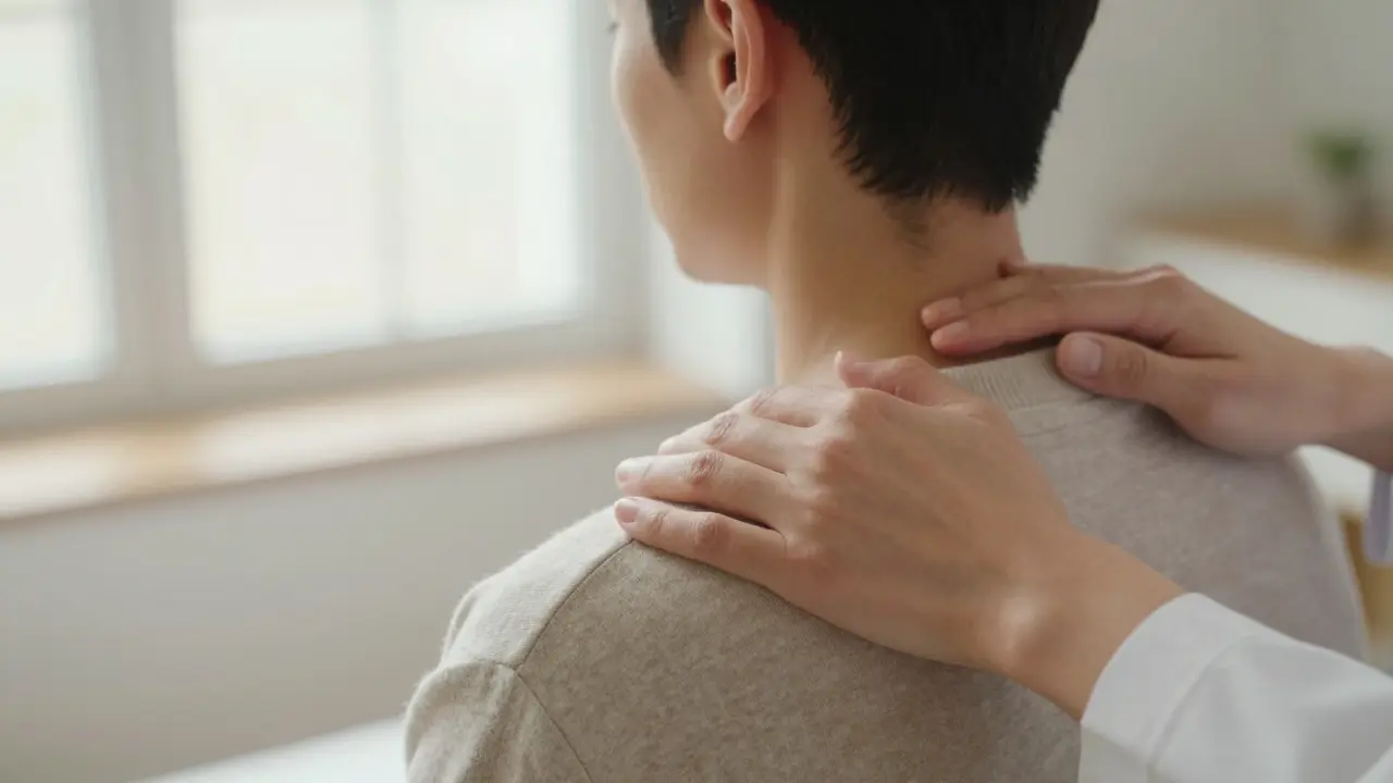 Klientka se zavřenýma očima při mikropohybech na šíji