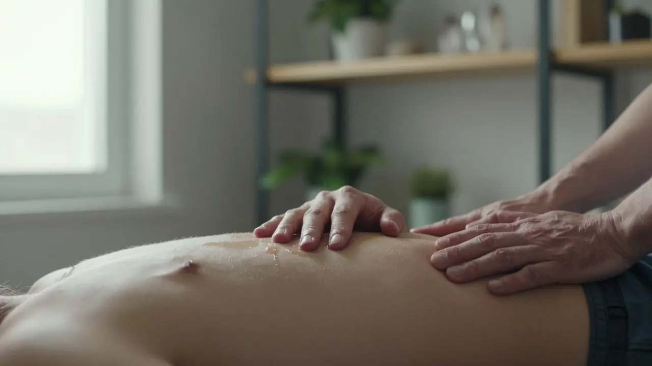 Muž se dotýká vlastního břicha, slzy padají, terapeut sedí tichý a přítomný.