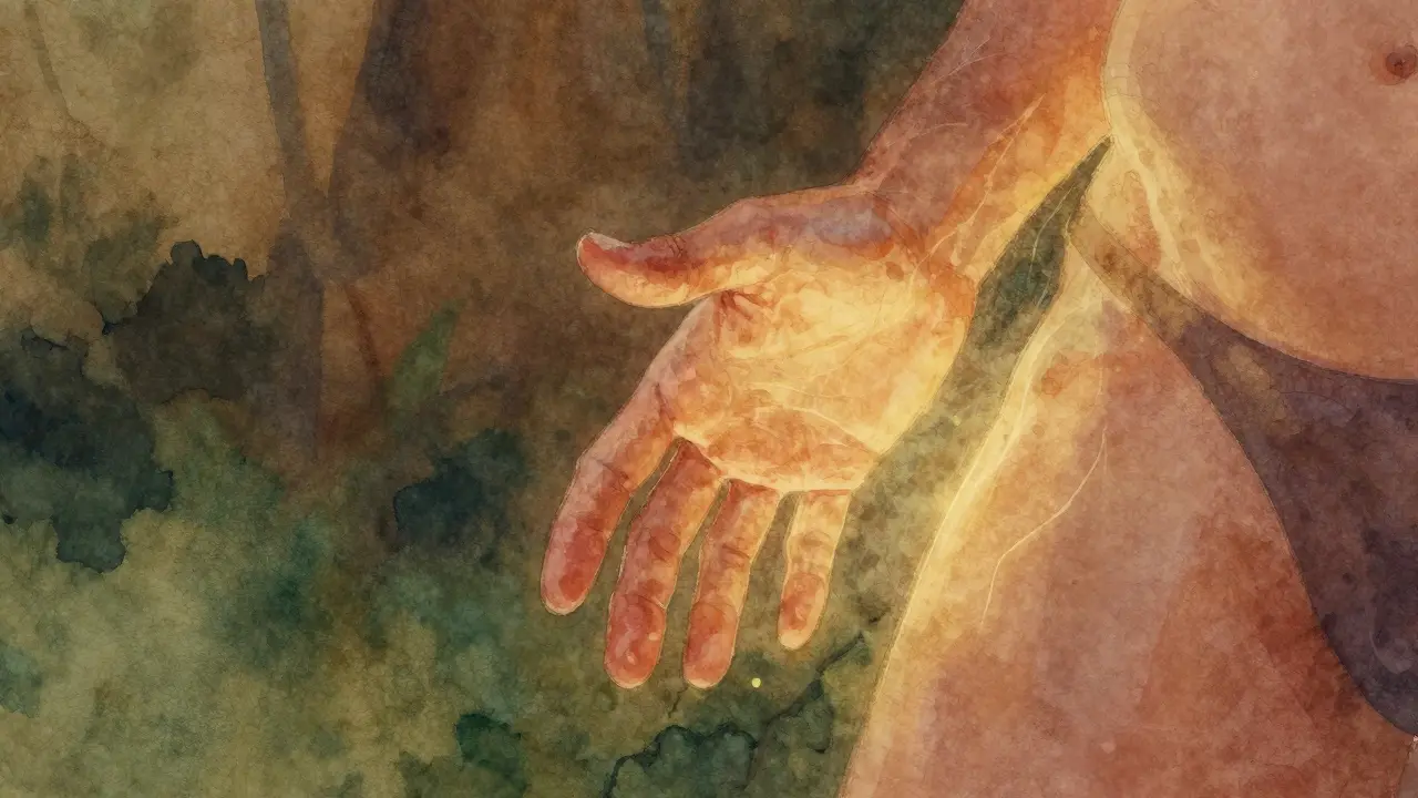 Ruka nad oblastí pánve, jemně vyzařující zlatavou energií, pozadí v jemných přírodních odstínech.