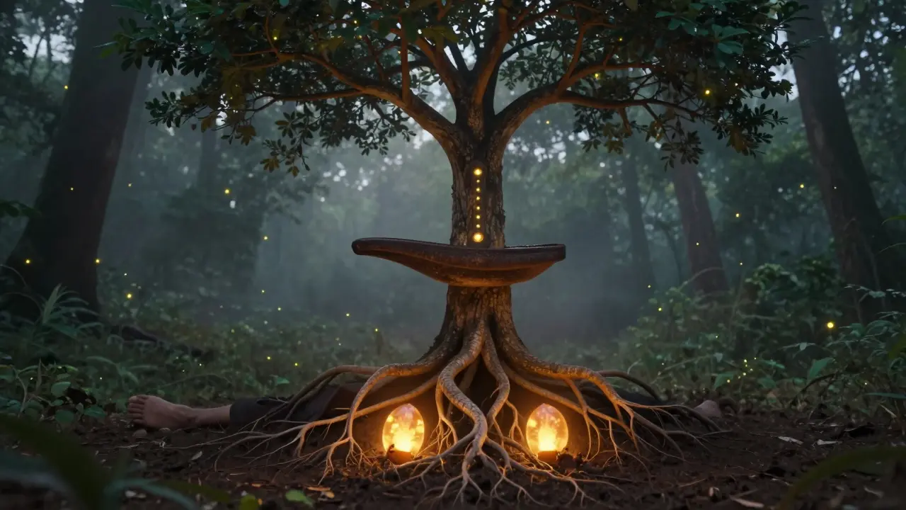 Strom s kořeny vycházejícími z mužského těla, kde varlata tvoří zářivé koule v zemi, v lesním kraji ve šero.