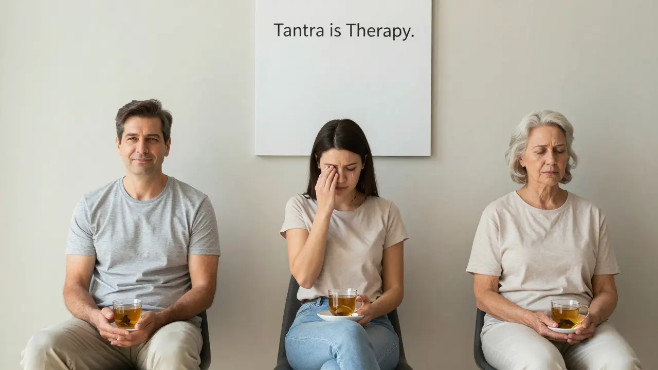 Tři klienti v čekárně centra tantry — každý prožívá svůj vnitřní proces v klidu a důstojnosti.