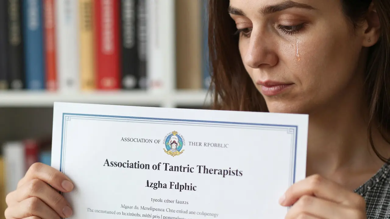 Žena drží certifikát terapeuty tantry, slzy na tváři, symbolizující emocionální uvolnění po dlouhém stigmatu.