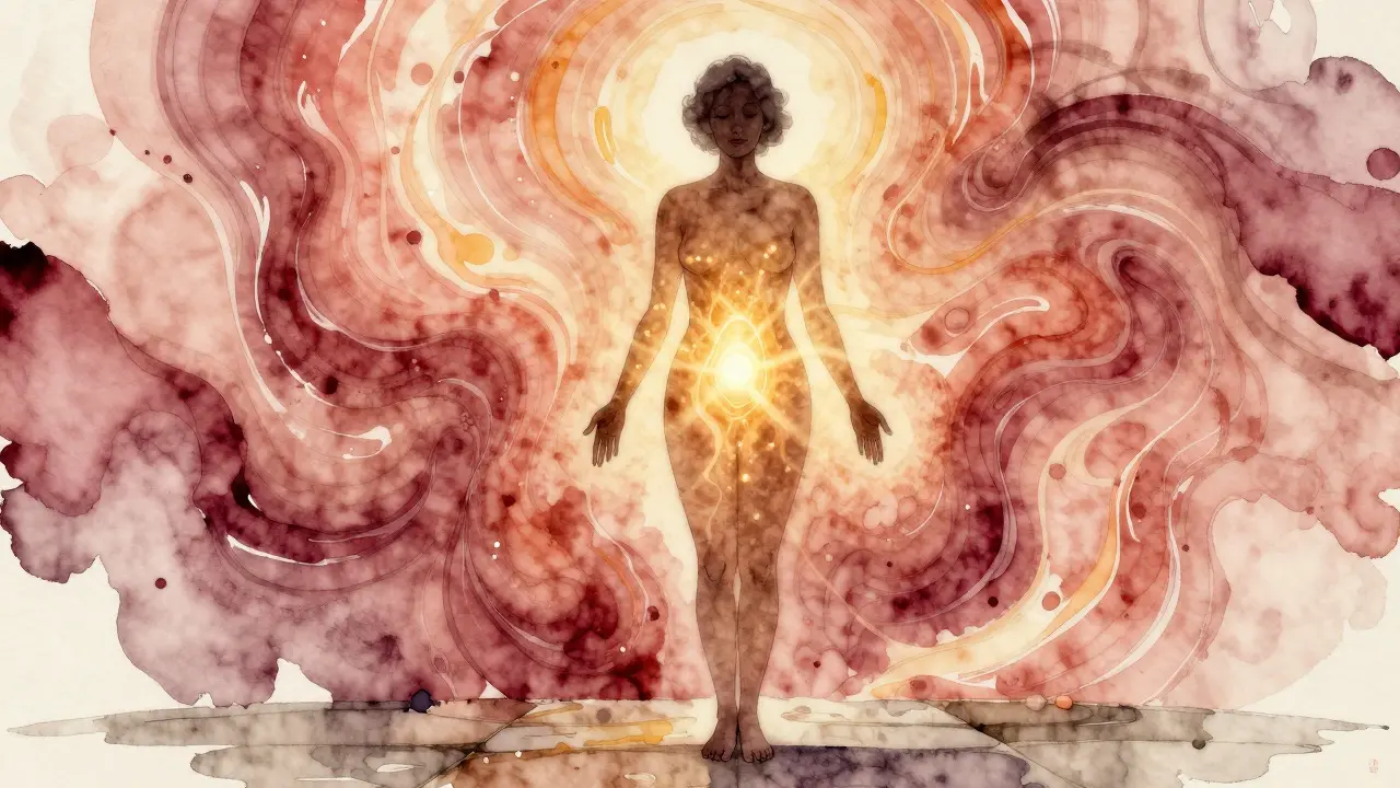 Abstraktní zobrazení ženy s teplým zlatým zářením v oblasti pánve, symbolizujícím obnovu krevního oběhu a citlivosti.