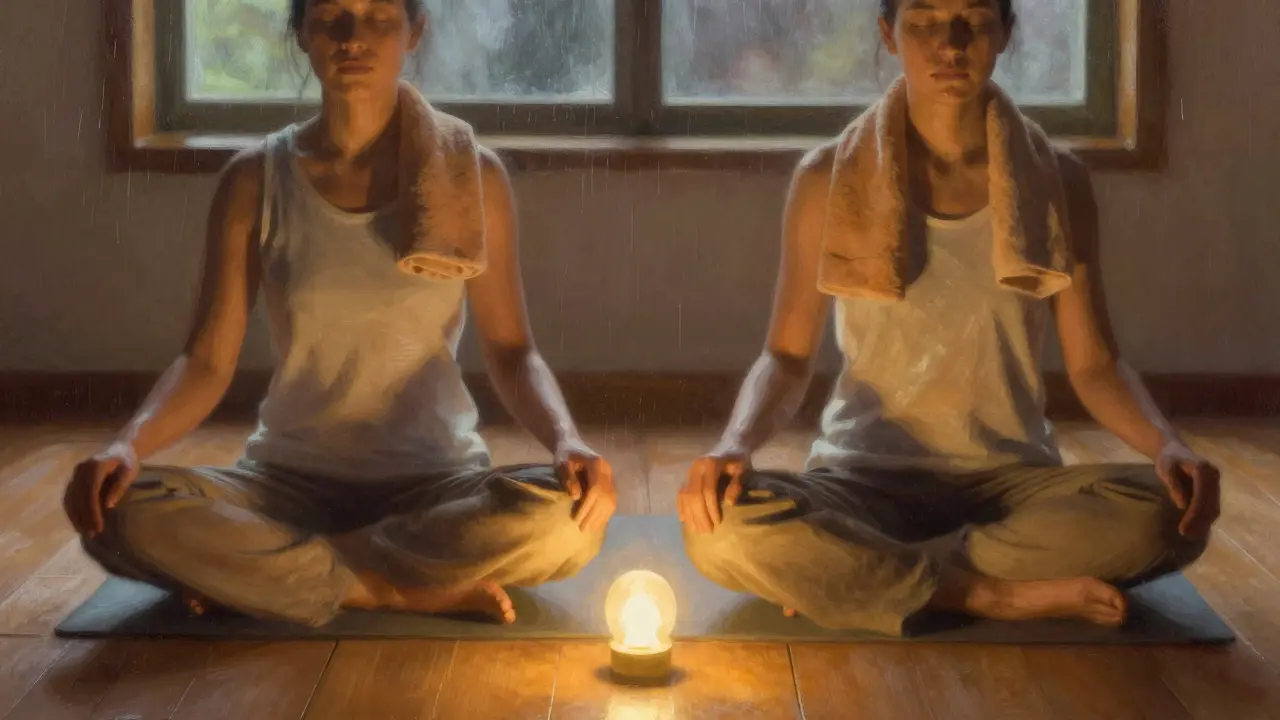 Dva partneři meditují spolu na podlaze, zavřené oči, klidná atmosféra s teplým světlem.