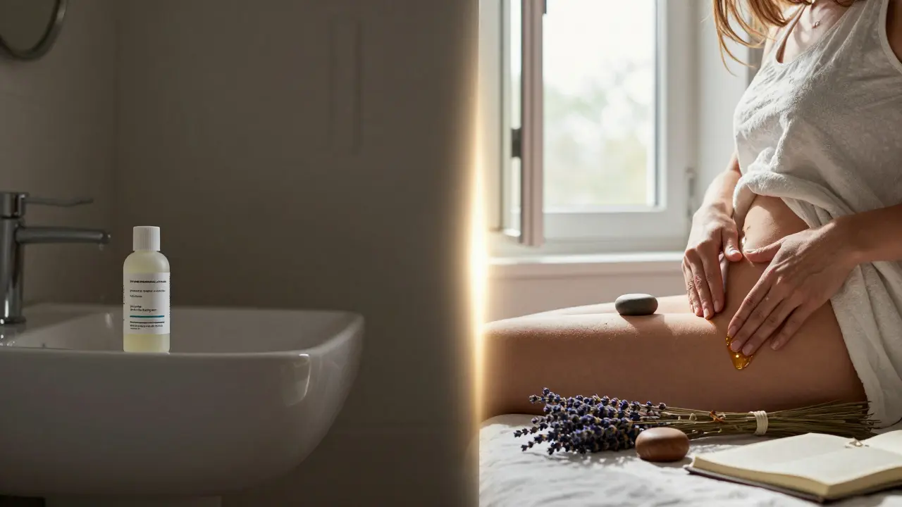 Dvě části obrázku: vlevo lékárnická láhev, vpravo žena masírující si břicho s přírodním olejem, mezi nimi světelná cesta obnovy.