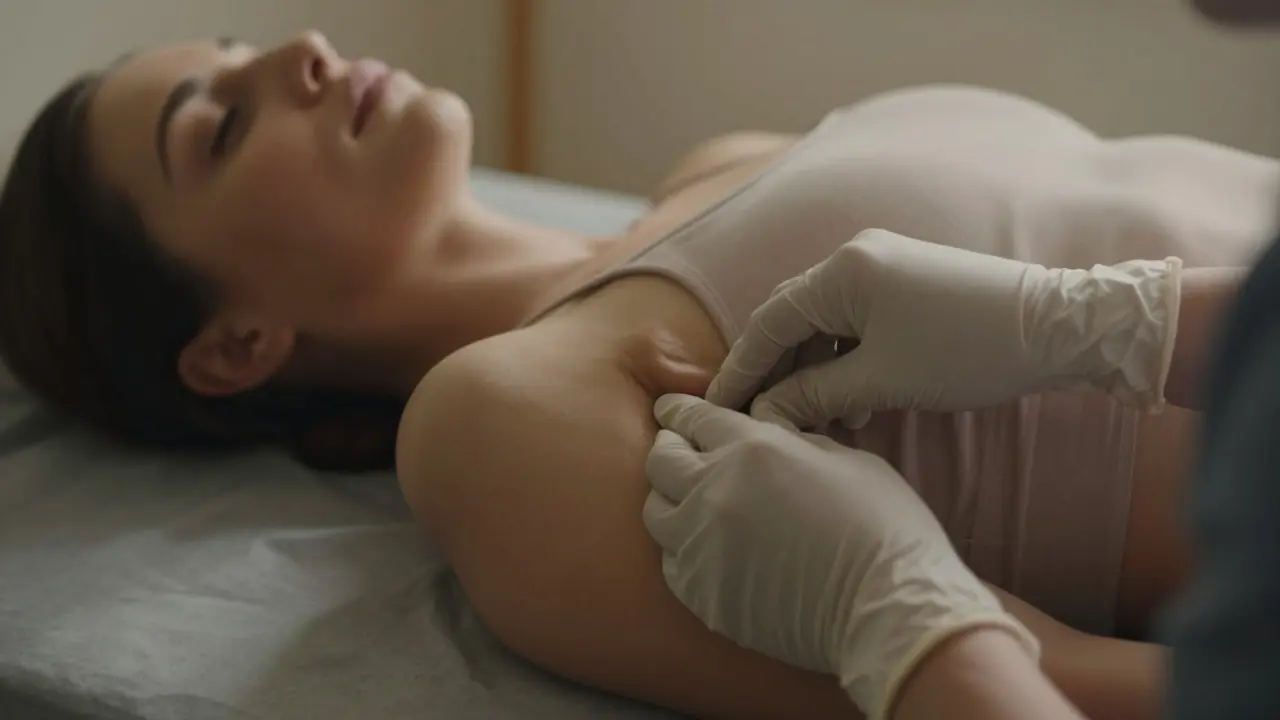 Terapeuta jemně mapuje vnější genitálie ženy s důrazem na mírný tlak a klid.