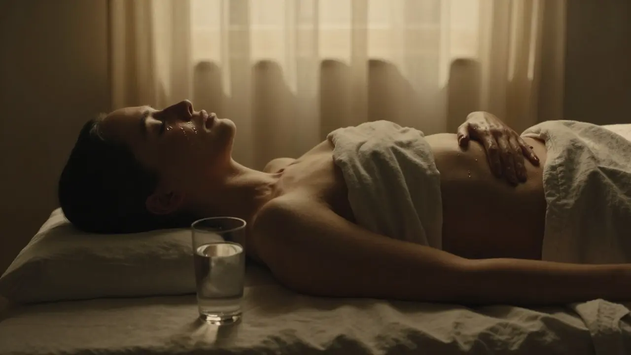 Žena po yoni masáži pláče v klidu, ruka na břiše, v teplém, tichém prostředí.